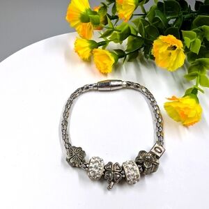 Lucky Four Leaf Clover and Crystal Pavé Bead Vintage Charm Bracelet
